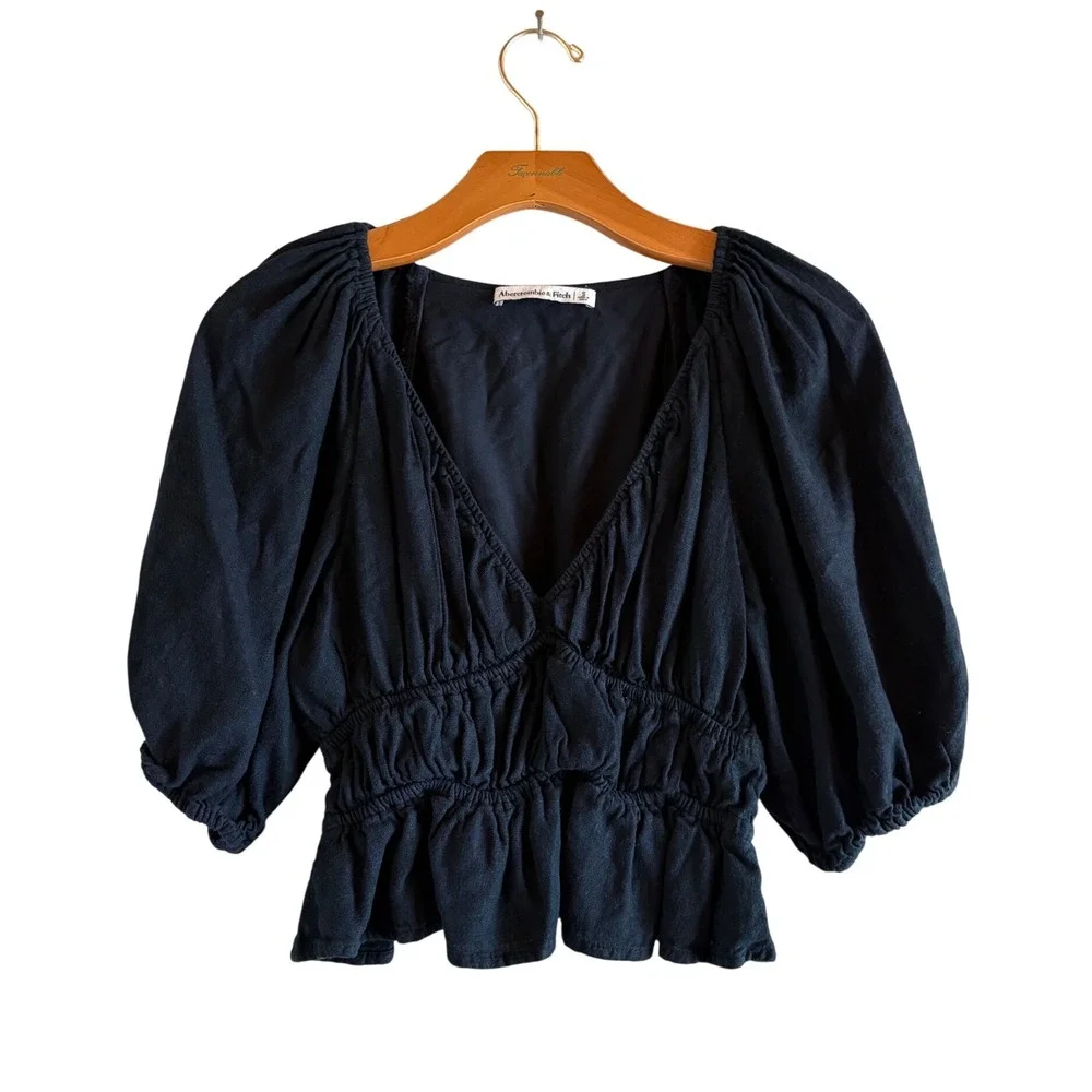 Abercrombie & Fitch Black Linen Blend Puff Sleeve Smocked‎ Peplum Blouse small